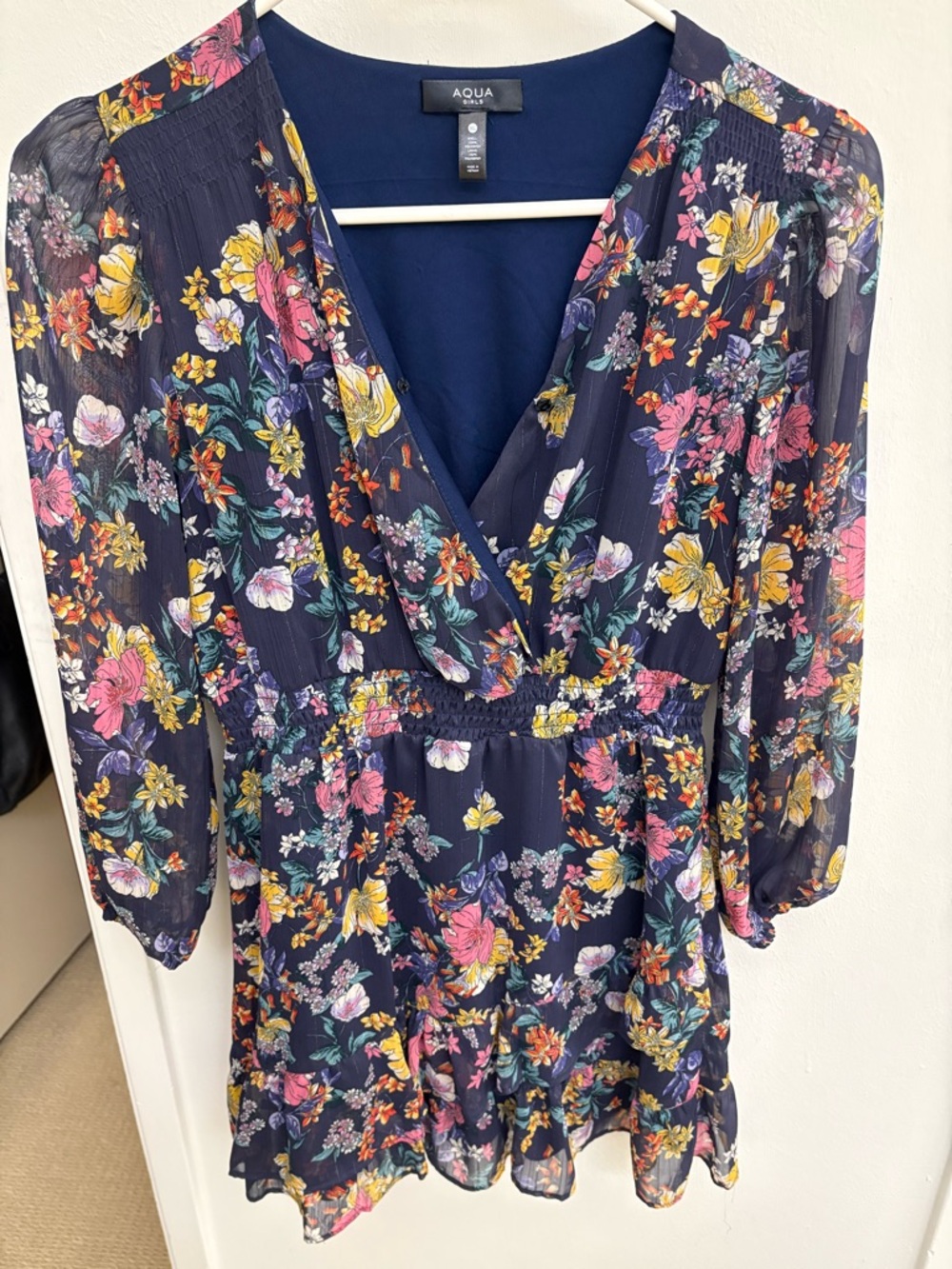 Aqua Navy Floral Wrap-Style Mini Dress with Pink, Yellow and Green Accents